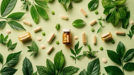 Herbal remedy bottles and capsules arranged in a soothing natural setting, symbolizing holistic allergy treatments, with green leaves and healing symbols