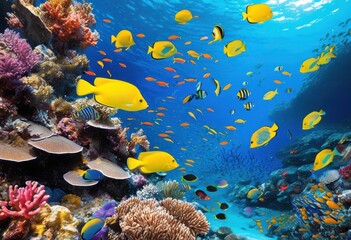 Naklejka premium colorful marine life thriving pristine waters showcasing stunning coral diverse species, aqua, aquatic, biodiversity, ecosystem, fish, flora, fauna