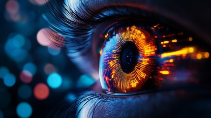 Human-cyborg hybrid eye, showing dilated pupil, inflamed eyelid, digital retina display, neural connections to optic nerve, futuristic color vision, hyper-realistic style