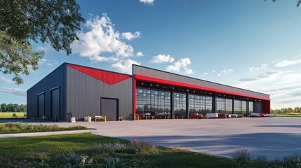Obraz premium Modern Industrial Building: A striking architectural rendering of a large, contemporary industrial building with a red and grey exterior. The building features a large.
