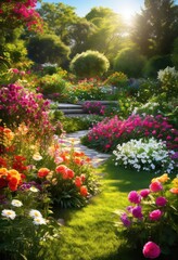 stunning garden landscapes showcasing vibrant plant arrangements under serene sunlight colorful floral displays luscious greenery, backyard, bloom, botanical