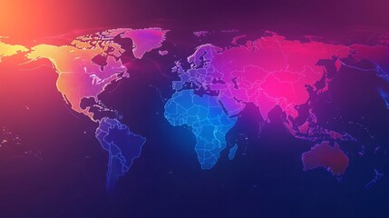 2410 90.A modern world map with a colorful, gradient design, where each continent is represented in a unique shade. The map is clean and minimalist, with sharp, precise outlines, making it an ideal