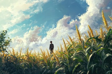Standing Tall in a Field of Golden Wheat, A Man Gazes Upward at the Clouds