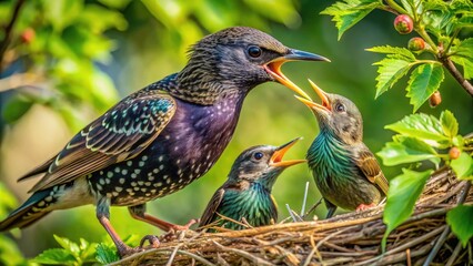 European Starling Feeding Nestlings in Tree - Macro Photography of Nature's Parenting Moments, Birds in Action, Wildlife Close-up, Avian Behavior, and Nesting Habits