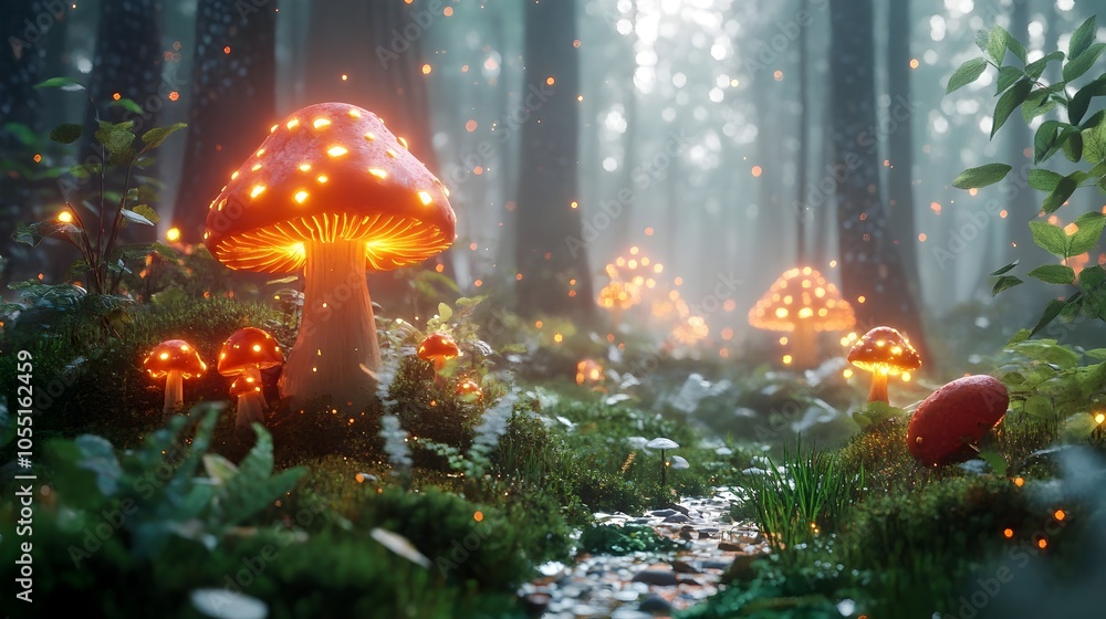 Poster enchanted forest scene with glowing mushrooms mystical creatures and a soft mist covering the ground