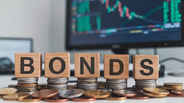 Image of coins stacked with wooden blocks spelling "BONDS" and a stock market graph in the background.