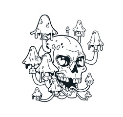 Skull with toxic mushrooms, creepy haunted head bone, spooky ink drawing. Halloween tattoo design. Death skeleton and fungi, tatoo sketch. Hand-drawn vector illustration isolated on white background