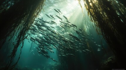 School of Fish Under Kelp Forest