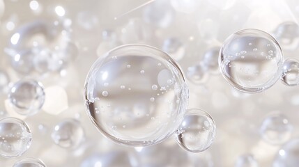Fototapeta premium 2410 27.A realistic rendering of hyaluronic acid droplets and collagen bubbles, floating in a clear, serum-like liquid. The transparent bubbles catch the light, giving a fresh, rejuvenating feel,