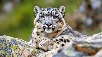 Obraz premium Majestic Snow Leopard Resting on Rocky Terrain