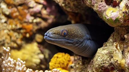 Moray Eel Peeking Out From Its Coral Home