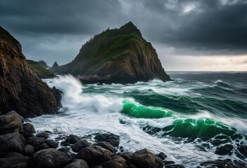 Obraz premium majestic waves breaking secluded coastal rocks under cloudy sky, ocean, sea, water, shore, clouds, tide, landscape, foam, horizon, blue, scenery, summer