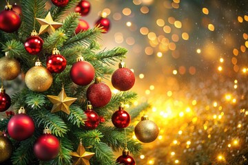 Festive Christmas Tree with Red Ornaments and Golden Stars in a Magical Bokeh Background for Holiday Decor Inspiration