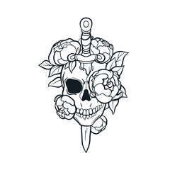 Skull with flowers pierced by dagger. Skeleton head bone, sword blade, rose blossom, ink tatoo design. Vintage style drawing. Engraved hand-drawn vector illustration isolated on white background