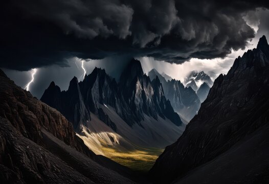 breathtaking mountain peaks enveloped dramatic action packed cloudy skies majestic natural landscape, adventure, ambiance, altitude, azure, backdrop