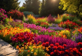 Obraz premium lush lively flower beds featuring striking array colorful plant arrangements sunlit garden setting, bloom, petal, blossom, vibrant, green, foliage, soil