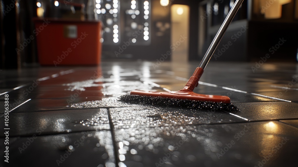 Poster cleaning process on a shiny tile floor with mop