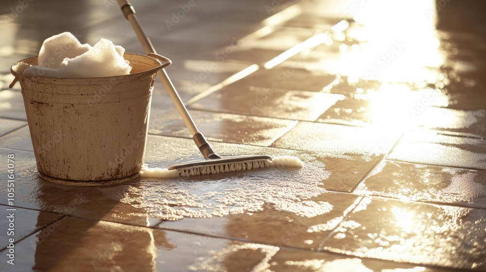 Poster cleaning tools with soap on a shiny floor