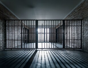 barreaux de prison en acier brillant en ia, grille et salle vide pour emprisonnement