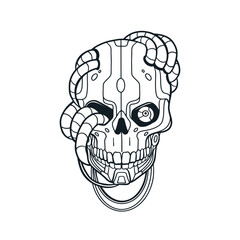 Robot skull with wires and cables. Vintage sci-fi style cyborg skeleton, head bone. Ink drawing, retro tatoo design. Hand-drawn engraved etched vector illustration isolated on white background