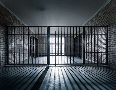 barreaux de prison en acier brillant en ia, grille et salle vide pour emprisonnement