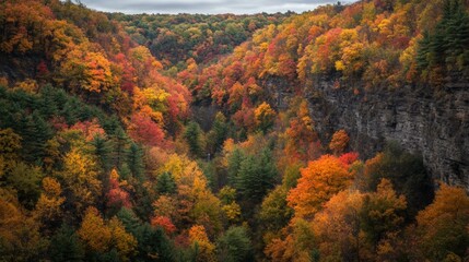 Fototapeta premium Vibrant autumn forest with diverse tree species displaying a spectrum of colorful foliage.