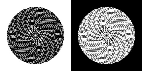 Abstract background with abstract line pattern in circles. Spiral art design as a logo or icon. A black figure on a white background and the same white figure on a black side. Mandala design with line