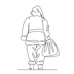One continuous single drawing line art flat doodlesanta claus turned back with a bag of gifts, new year, christmas, holiday, children. Isolated image hand draw contour on a white background