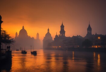 Obraz premium vibrant dusk cityscapes shrouded capturing urban scenes soft lighting enigmatic silhouettes, skyline, buildings, lights, street, reflection, architecture