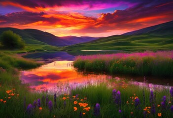 dramatic sunset clouds casting colorful reflections over serene landscape rolling hills calm water, horizon, colors, sky, evening, nature, beauty, sunlight