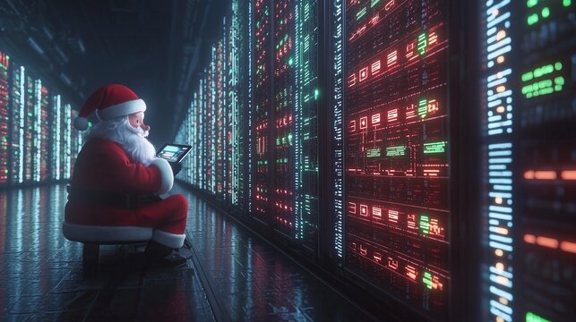 A whimsical scene of Santa Claus using a tablet in a futuristic data center, blending holiday spirit with technology.
