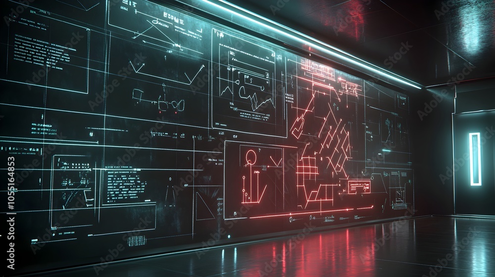 Poster mesmerizing 3d model of a virtual chalkboard featuring captivating neon lit educational diagrams and
