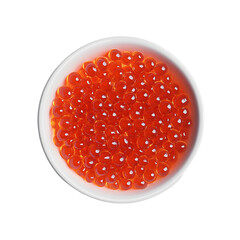 A close-up of a white bowl filled with red caviar.