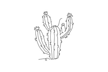 Single one line drawing of tropical thorny cactus plant. Printable decorative cacti houseplant concept for home decor wallpaper ornament. Modern continuous line draw design graphic vector illustration © onetime