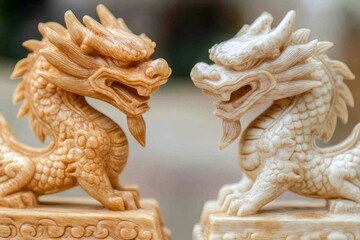 Fototapeta premium Two intricately carved wooden dragon figurines displayed on a polished wooden table.