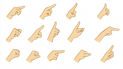 2410 21.A set of vector hand cursor icons in various clicking positions, featuring detailed fingers pointing, clicking, and tapping. The icons are simple yet precise, with clean lines and a
