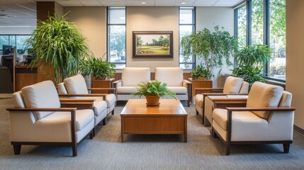 Fototapeta premium Cozy Office Lounge with Comfortable Seating and Plants