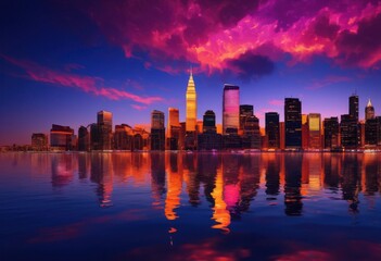Fototapeta premium stunning twilight city skyline vibrant colors dazzling reflections showcasing architectural beauty urban life, sunset, water, lights, buildings, architecture