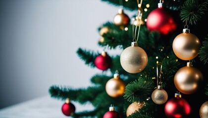 Fototapeta premium Close up christmas tree decorated with christmas balls