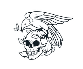 Skull with raven, ink tatoo design. Detailed outline skeleton head bone and crow bird. Entched engraved vintage drawing. Hand-drawn retro-style vector illustration isolated on white background