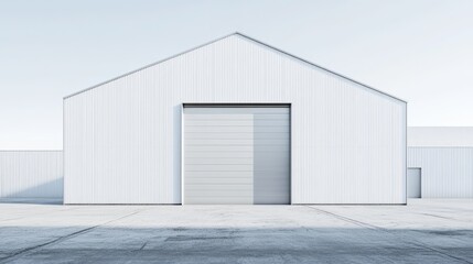 Fototapeta premium Modern Industrial Building with Large Sliding Door: A minimalist architectural masterpiece, featuring a sleek white exterior and a expansive sliding door, perfect for industrial, commercial.