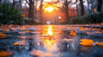 Autumn leaves scattered on a rain-soaked road, capturing the essence of a serene fall morning.