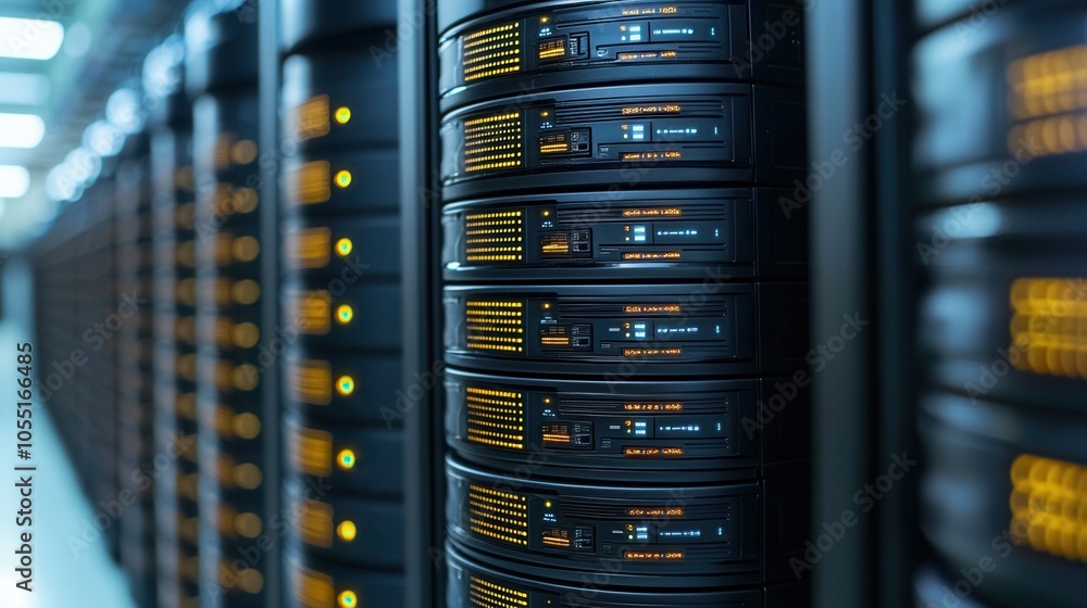 Poster close-up of server racks in a data center, showcasing technology and storage solutions for reliable 