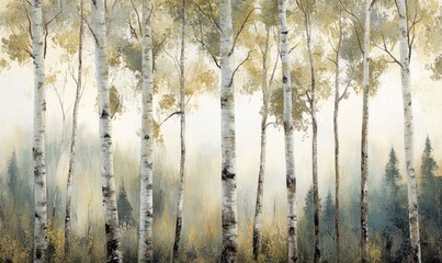Obraz premium Birch Trees in a Foggy Forest - Nature Landscape Painting