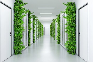 Green data center, renewable energy powered, sustainable tech, 3D illustration