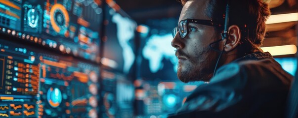 Obraz premium Focused technician analyzes data on modern computer interface.