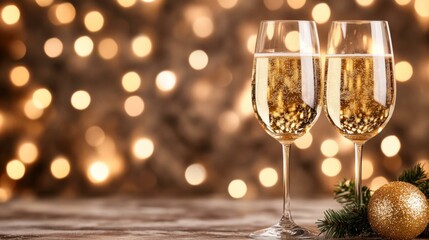 Two champagne glasses with festive Christmas decorations and twinkling lights in the background.
