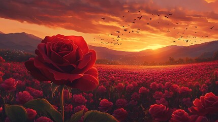sunset view featuring a detailed close-up of a fully blossomed crimson red rose in the foreground, with an expansive field of magenta pink roses stretching towards the horizon. The sky glows 