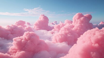 2410 20.A surreal landscape of cotton candy pink clouds floating gently in a pastel blue sky. The fluffy clouds, with their soft textures and light pink hues, create a fantasy-like scene that feels