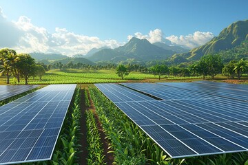 Solar panel farm, vast landscape, clean energy generation, 3D illustration
